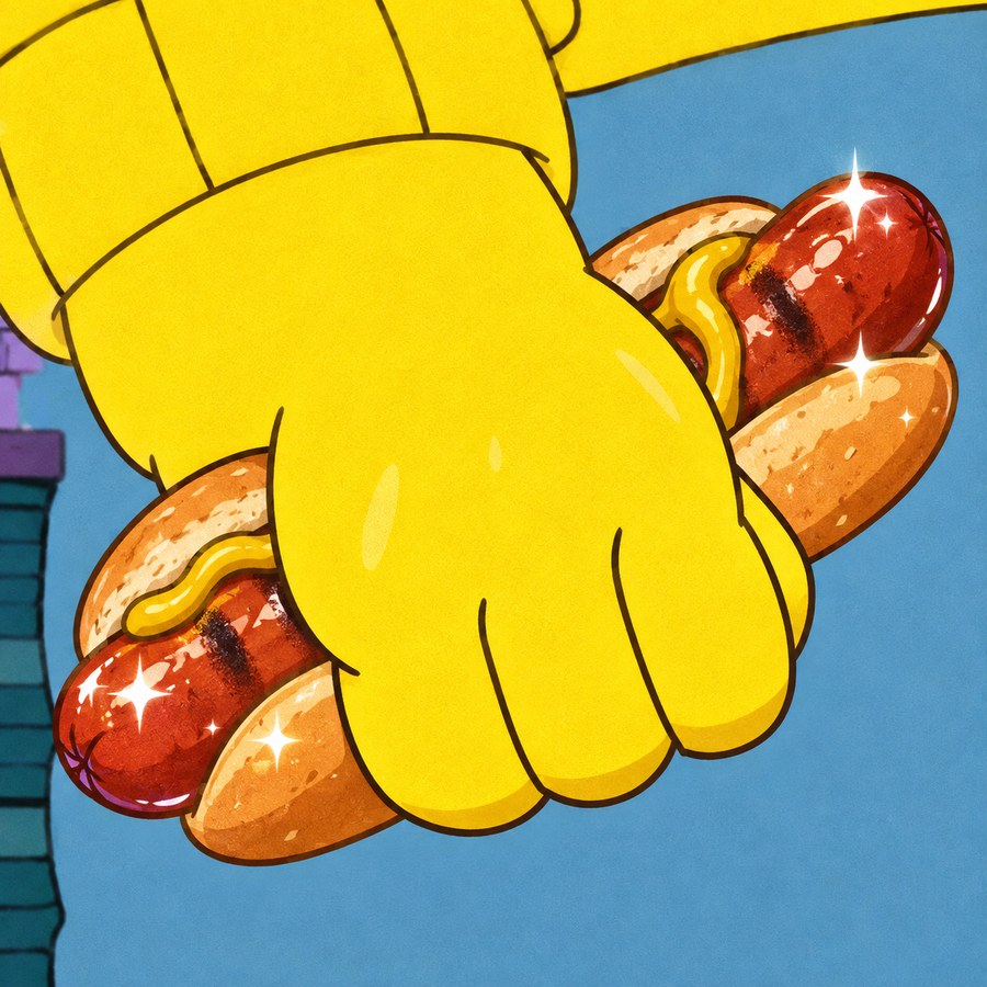 A cartoon yellow fist gripping two hot dogs against a blue sky